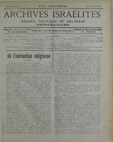 Archives israélites de France. Vol.81 N°23 (27 mai 1920)